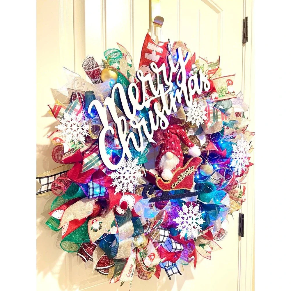 Handmade Christmas Gnome in Sleigh Holiday Ribbon Door Wreath 26 ins LED XLW3